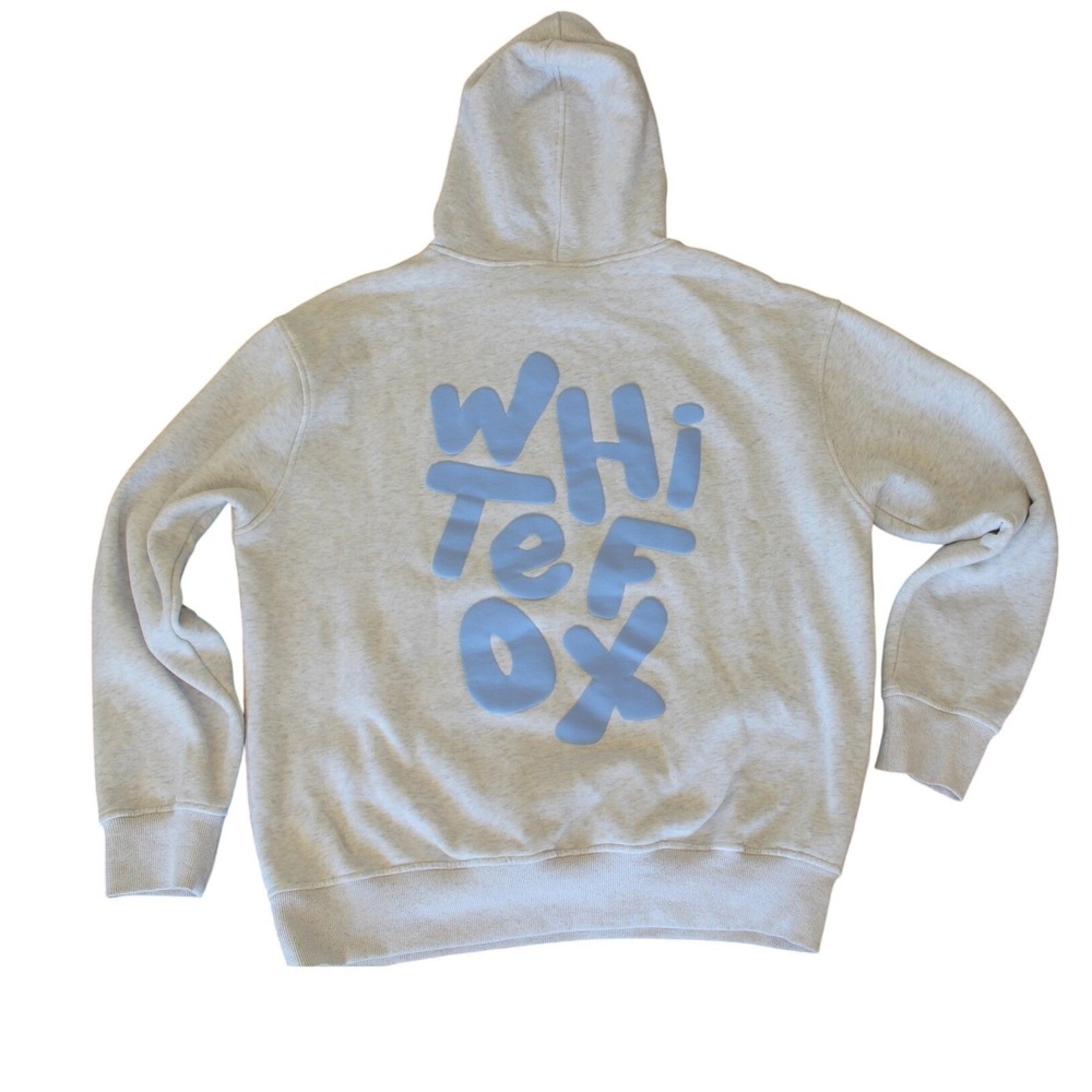 White Fox Boutique Oversized Hoodie Grey Blue Puff Print L/XL Unisex Fleece